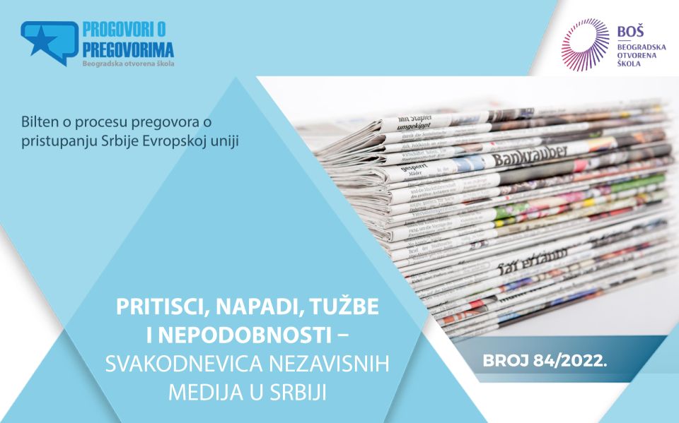 Dostupan 84. broj biltena Progovori o pregovorima „Izveštaj Reportera bez granica - Pritisci, napadi i tužbe“